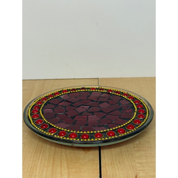 Handmade Mosaic Coaster Trivet Red Glass Beaded Gold Trim Decorative - Picture 2 of 5